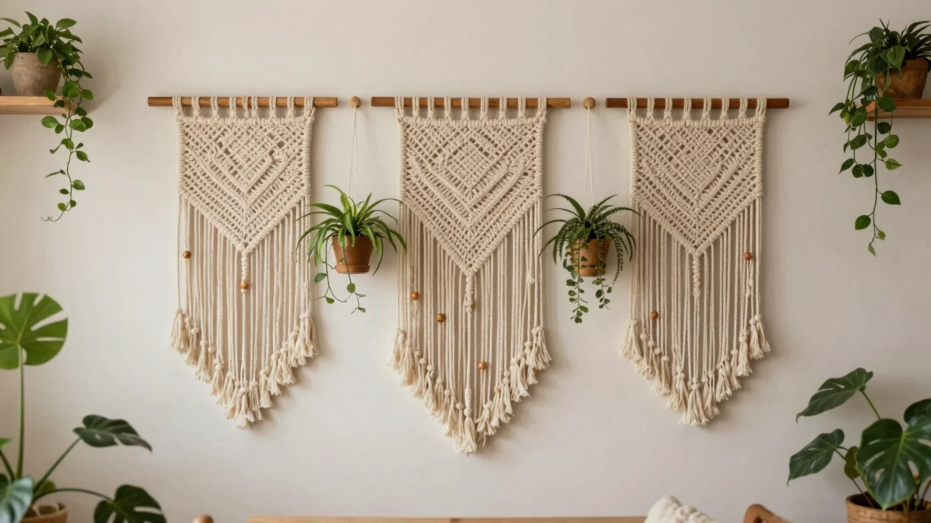 Suspensions murales en macramé sur un mur clair, avec des plantes