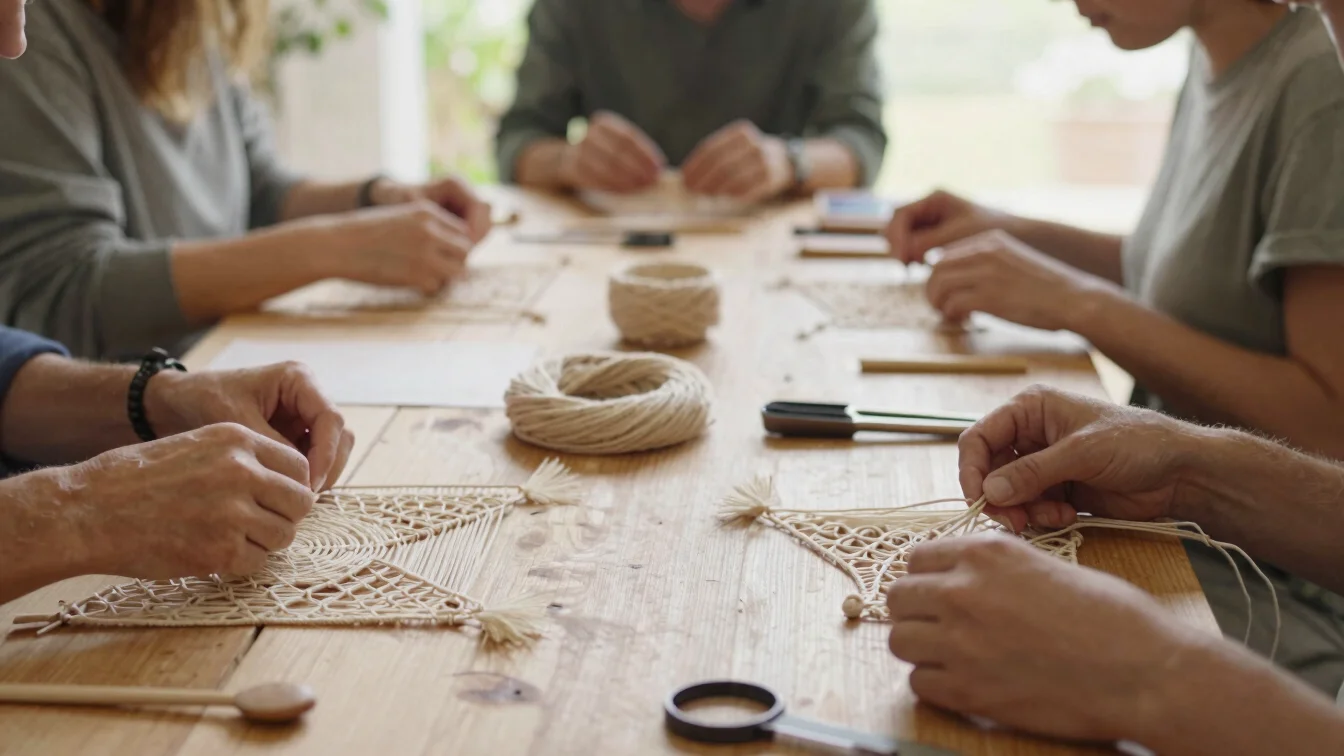 Vue d'un atelier de macramé avec des participants concentrés sur