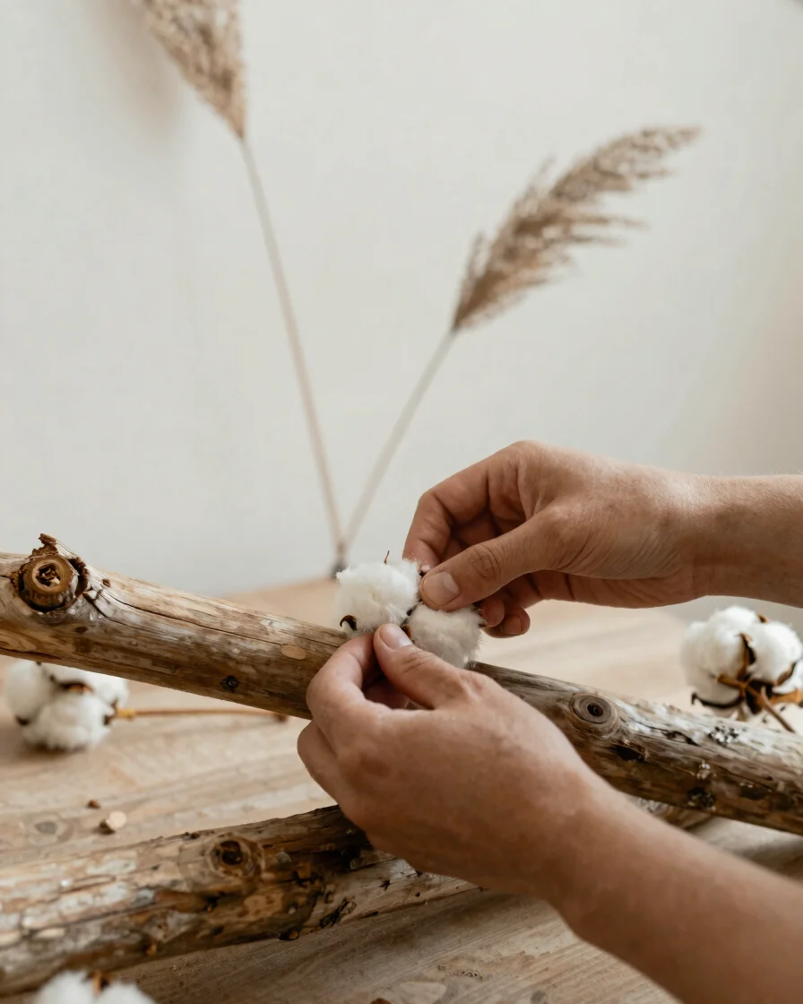 Gros plan sur des mains nouant du coton écru sur une branche de b