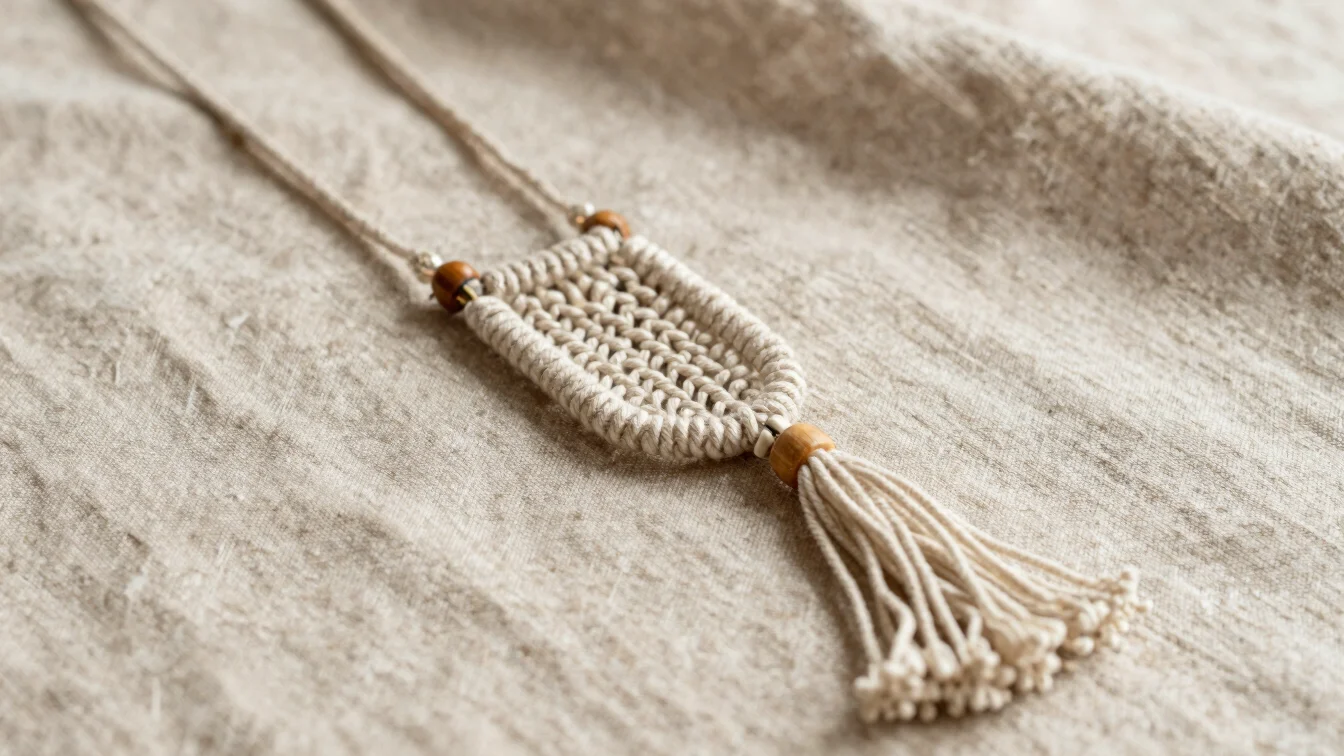 Bijoux en macramé portés sur un tissu en lin naturel, lumière du