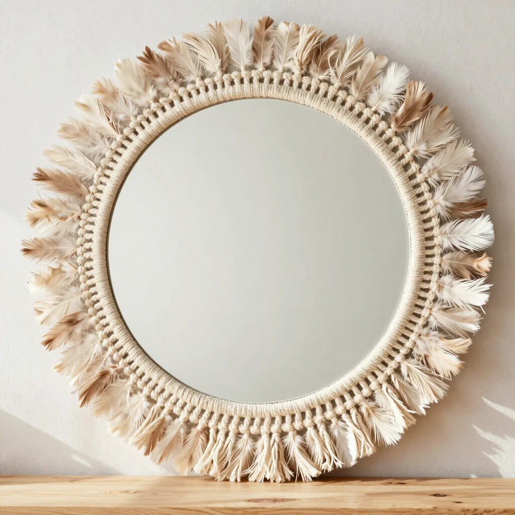Miroir Soleil Macramé & Plumes